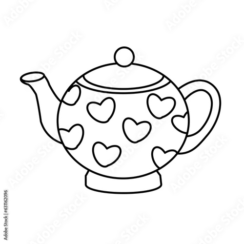 Closeup simple teapot with hearts in doodle style. Coloring book of cute kitchen teapots with live stroke isolated on white background