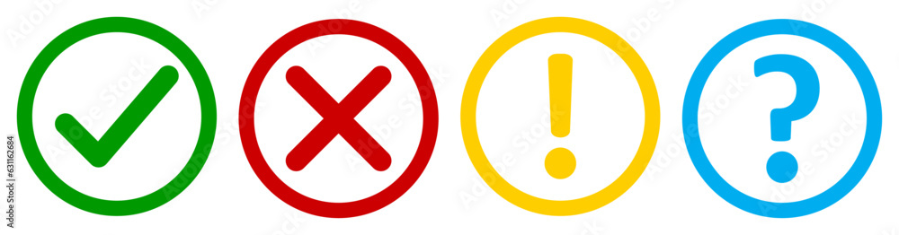Set of flat round check mark, X mark exclamation point and question mark. Checkmark, exclamation, X mark and question mark icon. Vector illustrations in outline color green, yellow, red and blue. Set of flat round check mark, X mark exclamation point and question mark. Checkmark, exclamation, X mark and question mark icon. Vector illustrations in outline color green, yellow, red and blue.