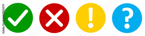 Vector set of flat round check mark, X mark exclamation point and question mark. Checkmark, exclamation round, X mark and question mark icon. Vector illustrations in color green, yellow, red and blue.
