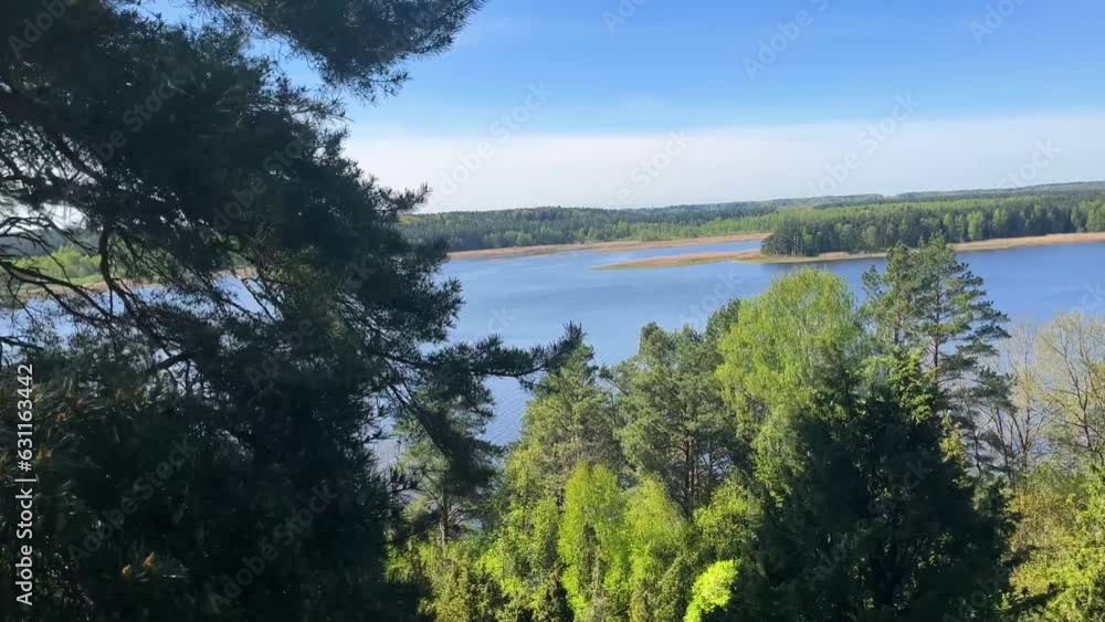 Aerial view of lake surrounded by green nature on a sunny day Aerial view of lake surrounded by green nature on a sunny day