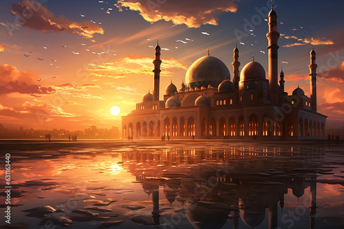 Mosque silhouette against the desert horizon, engulfed in stunning twilight hues