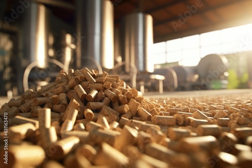 Production of biocombustible biomass wood pellet at the plant. Agricultural, forestry wood waste is converted into fuel for heating and electricity.Reducing waste and supporting clean energy solutions