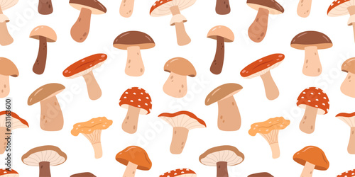 Seamless pattern with different mushrooms on a white background