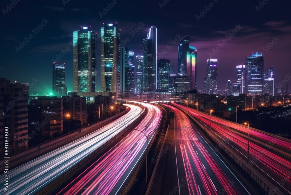 A long exposure shot of the city skyline or other cityscape at night, capturing light trails from moving vehicles or other light sources. generative ai