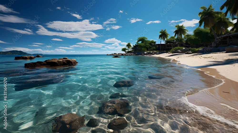 Serene Coastal Scene: Relaxing on a Secluded Beach with Crystal Clear Blue Ocean, Ai generative