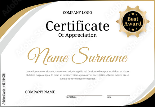 Black, silver and gold Certificate of achievement template with gold badge. Award diploma design blank. Vector Illustration.