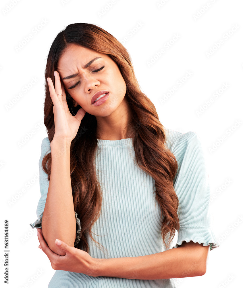 Tired, stress or sick woman with headache, anxiety or burnout isolated on transparent png background. Exhausted, sad person or face of model frustrated with head pain or depression or migraine crisis - obrazy, fototapety, plakaty 