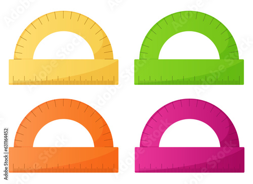 Different color protractor vector illustration isolated on white. School stationary element set.