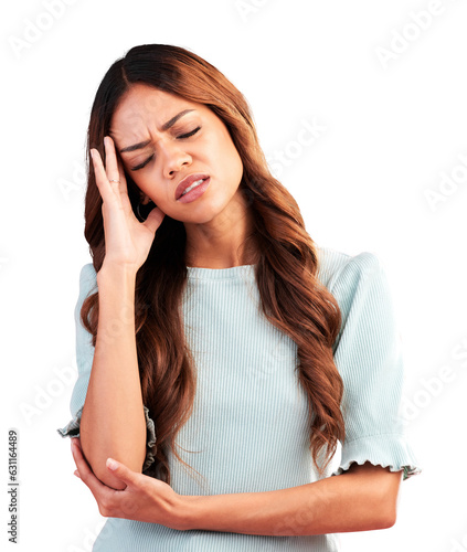 Tired, stress or sick woman with headache, anxiety or burnout isolated on transparent png background. Exhausted, sad person or face of model frustrated with head pain or depression or migraine crisis