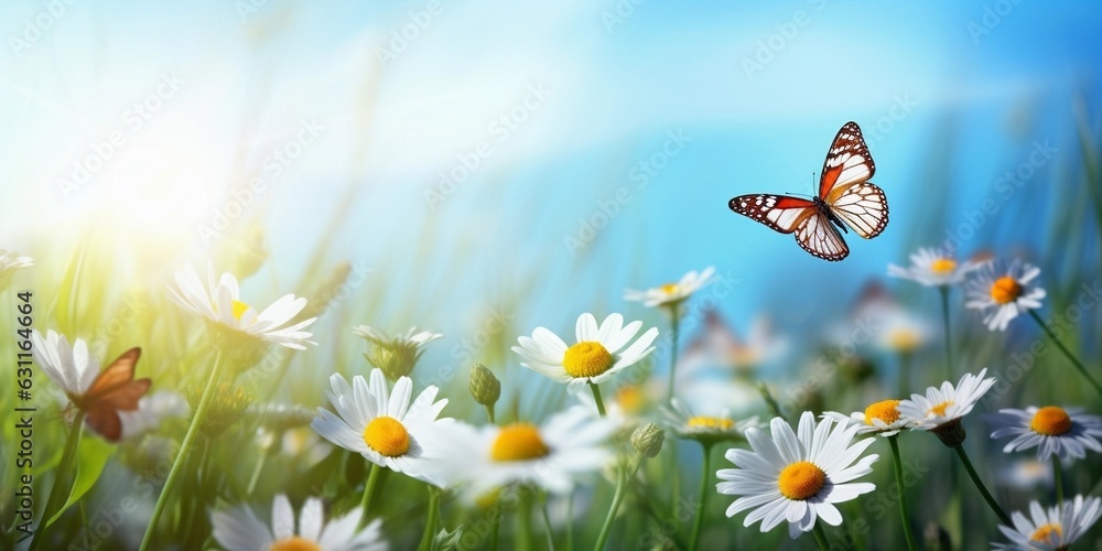 Spring, summer morning nature background with fresh wild daisies, flowers and flying butterfly
