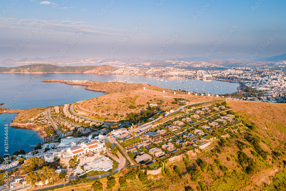 Aerial view of luxurious hotel at coast of Mediterranean Sea in Bodrum, Turkey