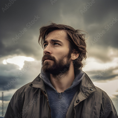 Gazing Towards Ambition: Thoughtful Young Man with Hair Blowing in the Cloudy Weather