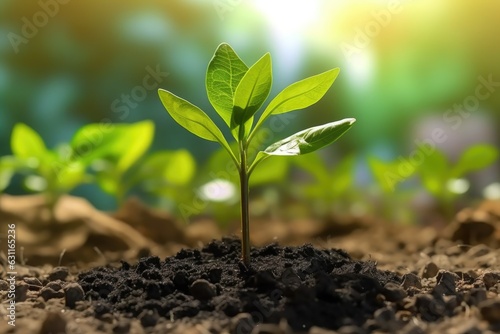 Green plant sprout and Biochar in the soil. Biochar increases the carbon content of the soil, increasing its fertility and providing optimal conditions for plant growth