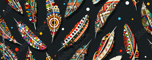 Beads and feathers horizontal seamless pattern.  Fashionable template for clothes, t-shirt design. Tribal style, native american art