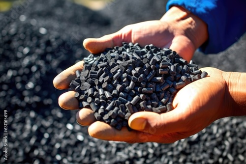 Man hands hold black granules biochar pellets. Handful of charcoal pellets fuel in a person hands. Organic biochar derived made from woody material through pyrolysis photo