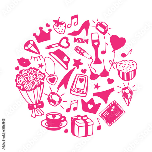 Vector cute pink doll items and accessories isolated on white background.