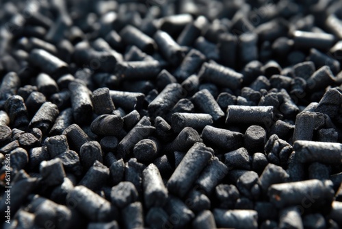 Black granules biochar pellets. Organic biochar derived made from woody material through pyrolysis. Biochar increases the carbon content of the soil, providing optimal conditions for plant growth photo