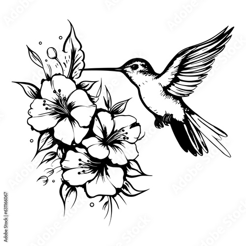 Humming bird with flower, isolated on white background, vector illustration.