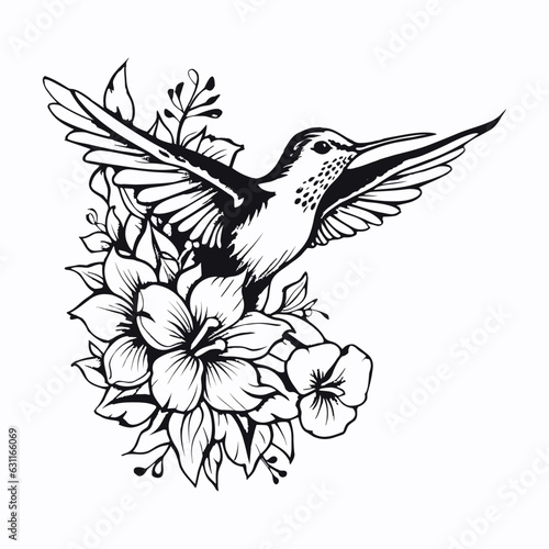 Humming bird with flower, isolated on white background, vector illustration.