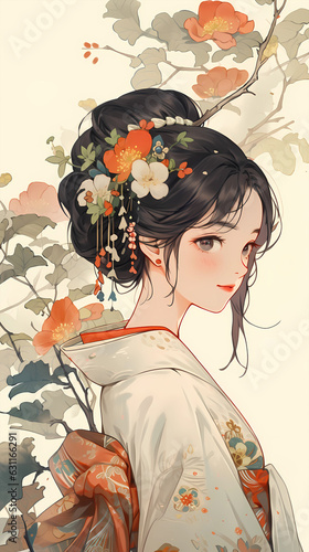 Hand drawn cartoon beautiful illustration of Chinese girl in flowers 