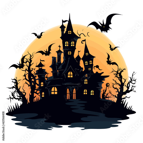 Halloween house with bats, isolated on white background, vector illustration.