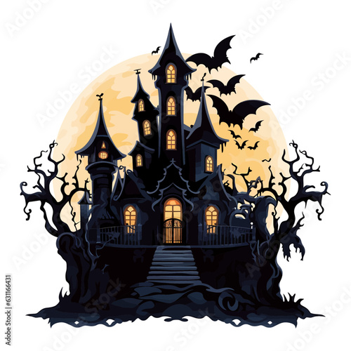 Halloween house with bats, isolated on white background, vector illustration.