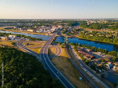 View of Ceslovas Radzinauskas bridge on a sunny day in Kaunas, Lithuania