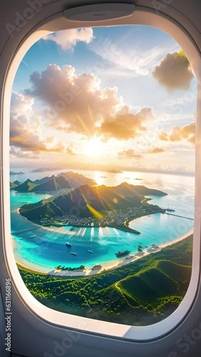 Aerial view from the window of the plane. Flying over tropical paradise islands. Vertical traveling, flight agency video ad backgrounds. Rest vacations, travel destinations advert. Sky clouds ocean.