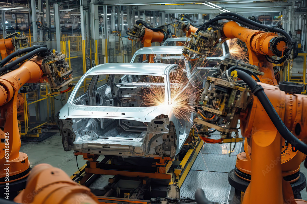 An assembly line with a car being worked on