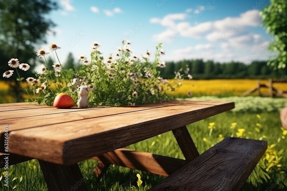 Fototapeta premium Empty wooden table with picnic in garden background. Generative AI