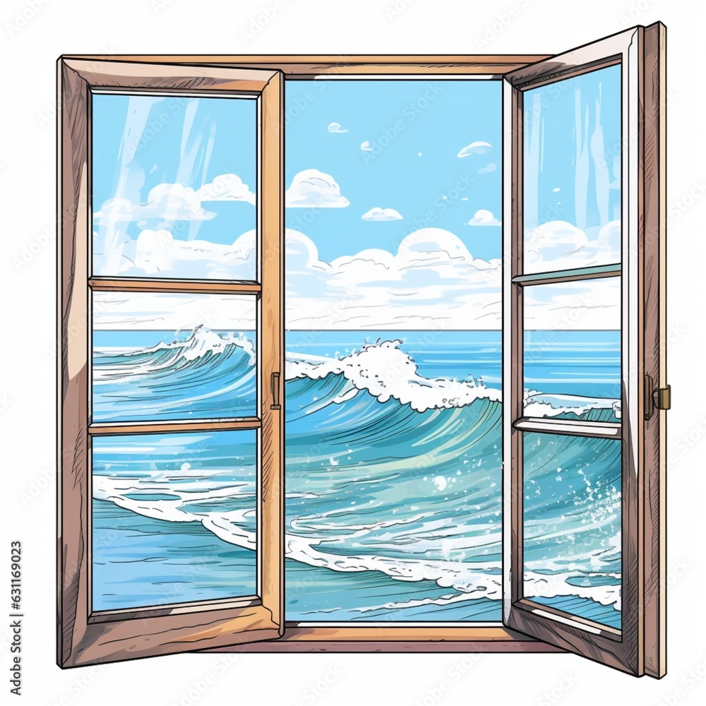 Fototapeta premium Ocean wave background and beautiful seascape with sun and clouds. Vector illustration in cartoon style
