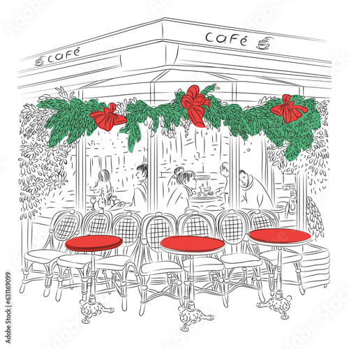 sketch of the Parisian cafe with Christmas decorations