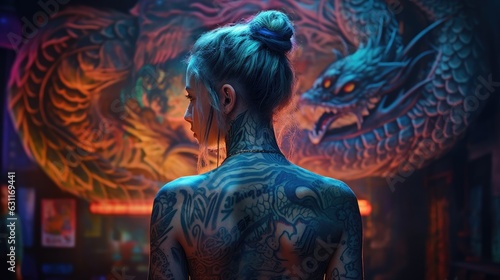 rear view of young woman with tattooed back. Created with generative AI.