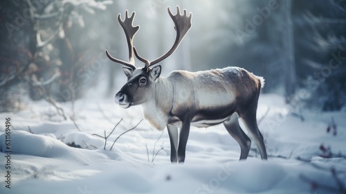 reindeer in the snow. Cartoon animation style. Created with Generative AI.