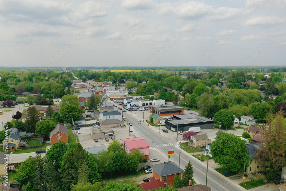 Aerial view of Harriston, Ontario, Canada on spring morning