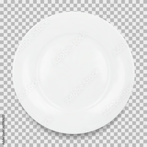White round empty plate top view with transparent shadow. Vector illustration