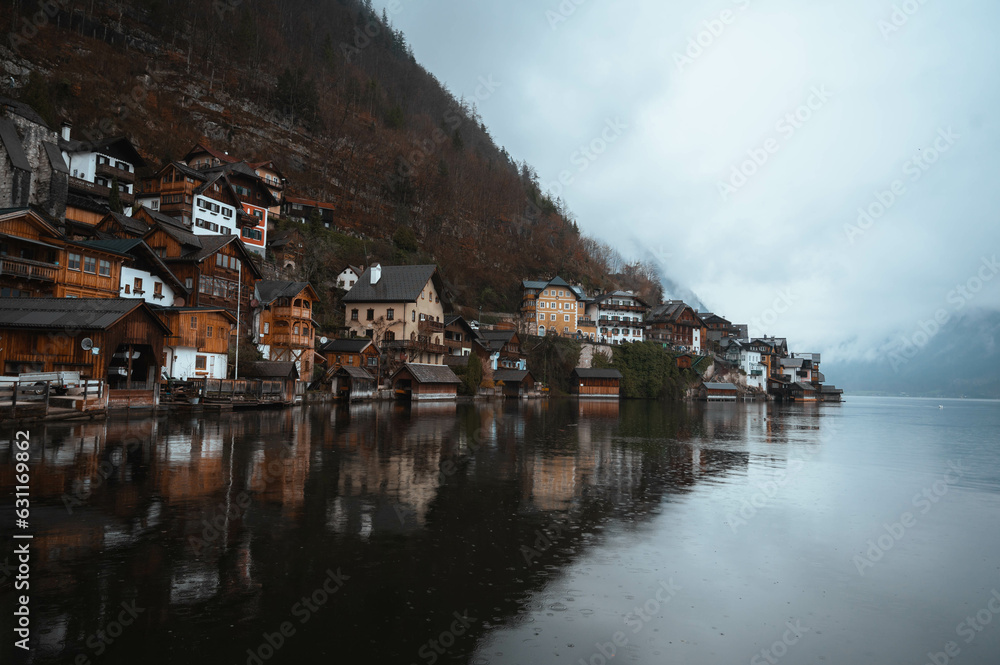 View of Hallstatt village and lake in spring. Travelling and tourism concept