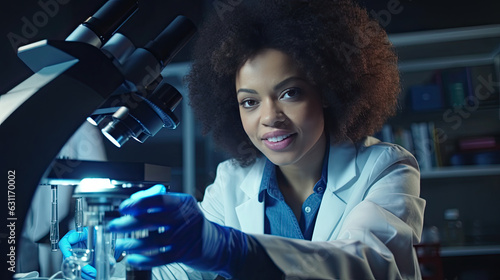 Portrait of Beautiful Black Scientist Looking Under Microscope Does Analysis of Test Sample. Medical Science Laboratory. Generative Ai