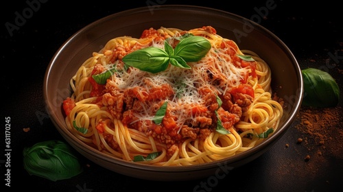 spaghetti with tomato sauce and basil. Created with generative AI.