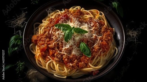 spaghetti with tomato sauce and basil. Created with generative AI.