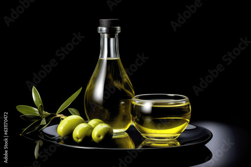 olive oil bottle, olives and olive branch on a black background. Ai generated