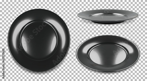 Set of 3 black round empty plates, side view iand top view with transparent shadows. Vector illustration