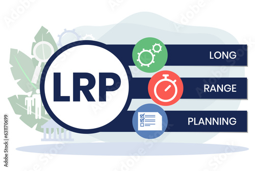 LRP, Long Range Planning acronym. Concept with keyword, people and icons. Flat vector illustration. Isolated on white.
