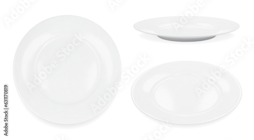 Set of 3 white round empty plates, side view iand top view with transparent shadows. Vector illustration isolated on white background