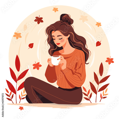 Vector illustration in flat cartoon style. A young pretty woman in a warm comfortable sweater holds a cup with a fragrant coffee drink in her hands. Autumn season.
