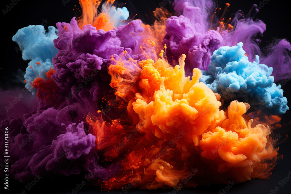 Obraz premium Multicolored powder, smoke and ink explode on a black background, colored abstract background