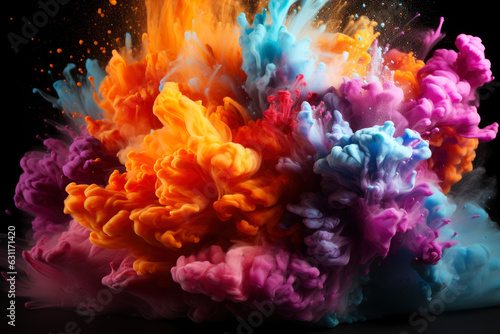 Multicolored powder, smoke and ink explode on a black background, colored abstract background © staras
