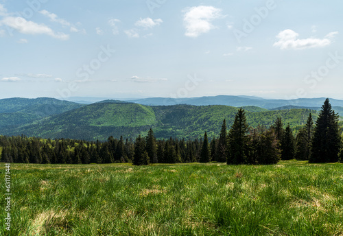 View from Hala Rycerzowa in springtime Beskid Zywiecki mountains in Poland