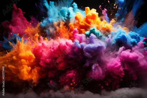 Multicolored powder  smoke and ink explode on a black background  colored abstract background