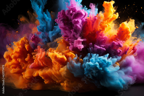 Multicolored powder, smoke and ink explode on a black background, colored abstract background